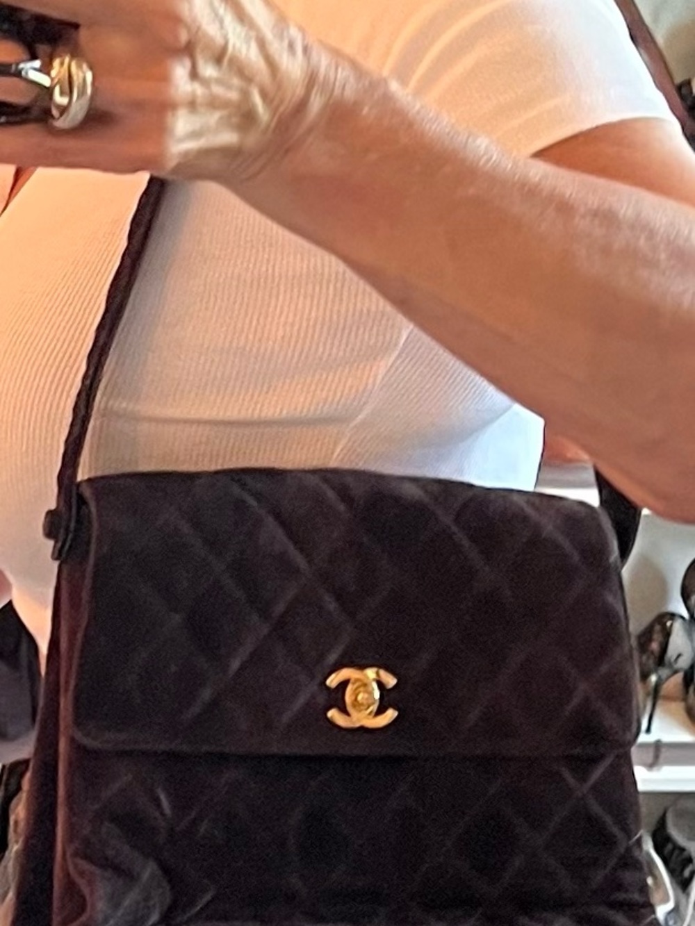 CHANEL Brown Quilted Velvet Shoulder Bag with Gold CC Lock- collector’s item